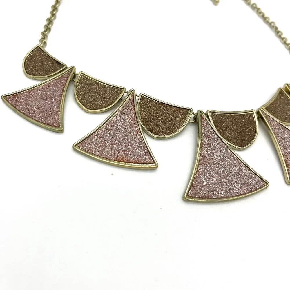 Statement Geometric Fan Necklace Gold Pink Brown Glitter Art Deco Style  Jewelry